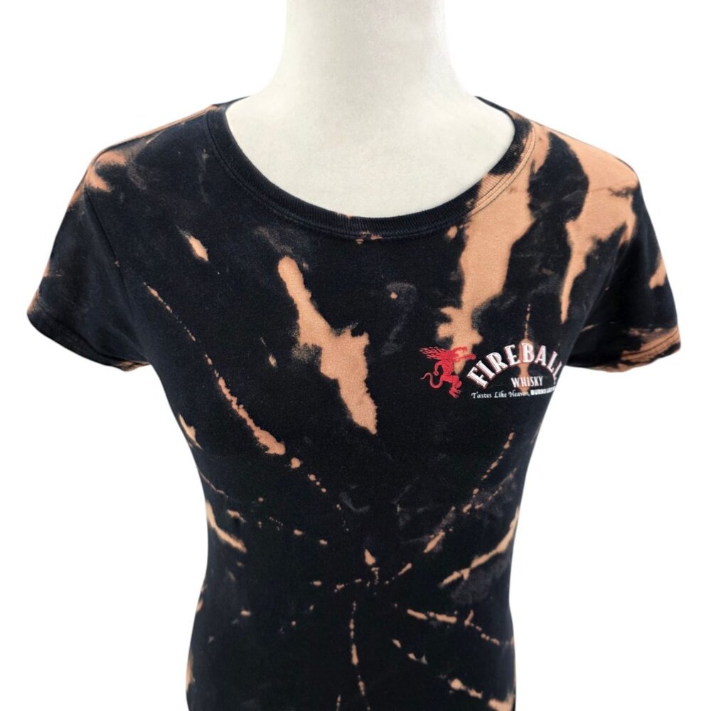 Gildan Fireball Whiskey Womens Small Top Tie Dye Graphic Black Tan Fitted Tee
